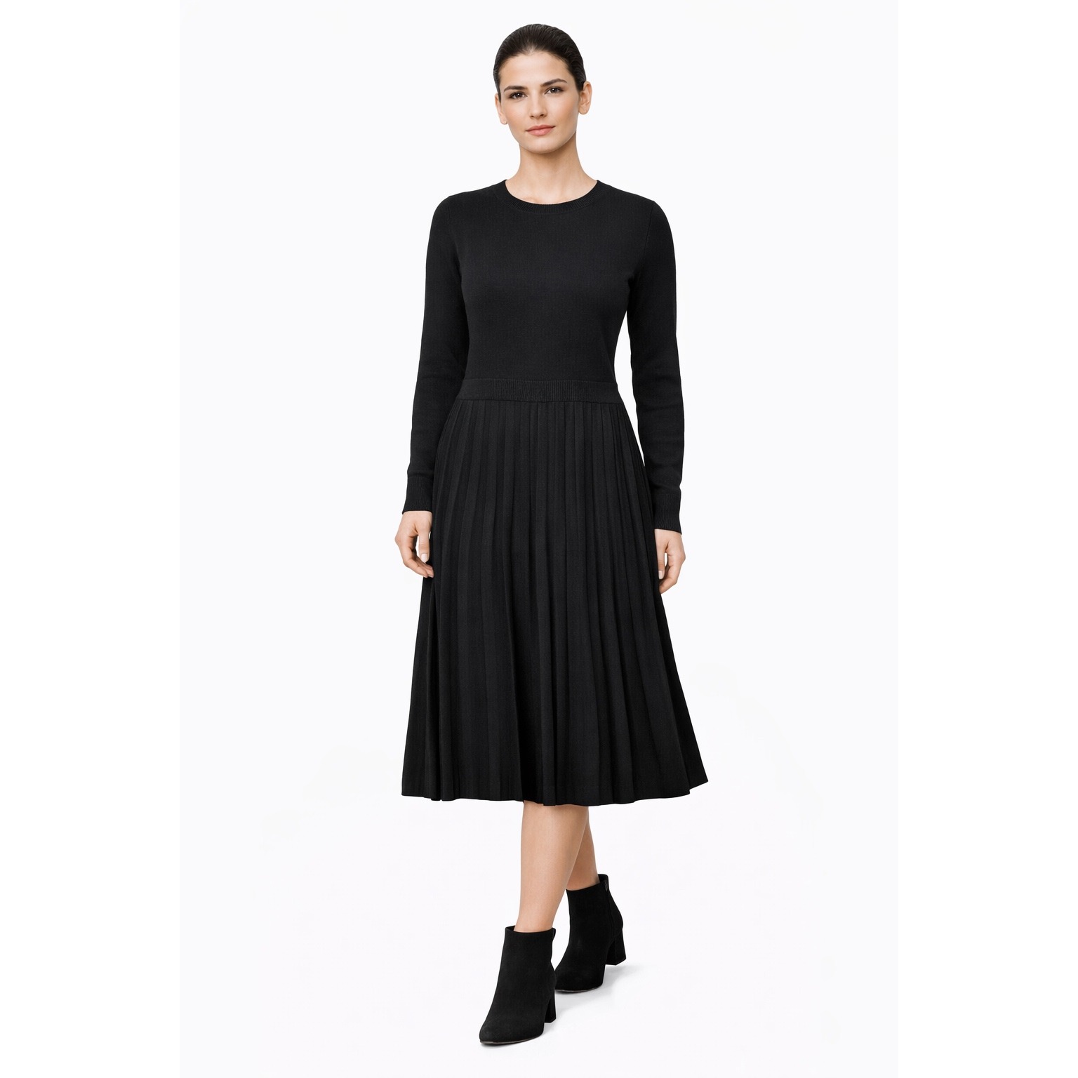 Boss Hugo Boss Women Black Pleated Knit Sweater Dress Midi Long Sleeve Size M